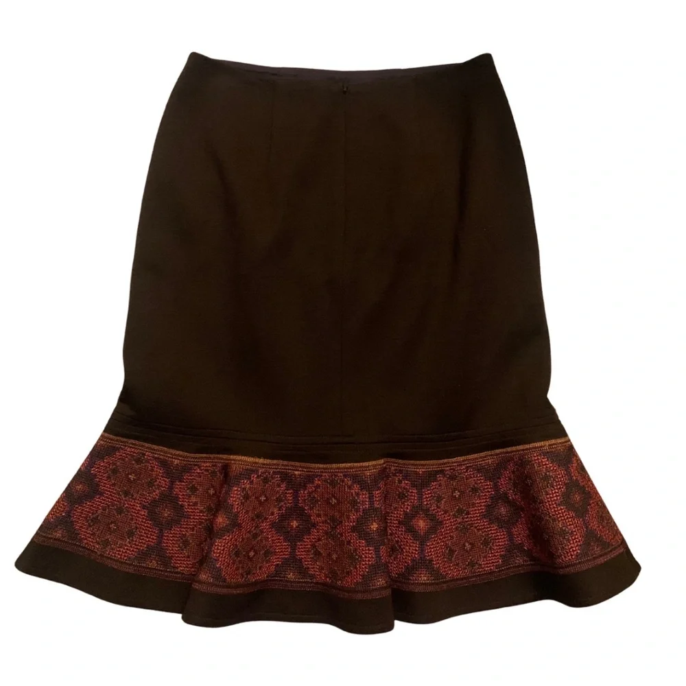Kay Unger Chocolate Brown Red Floral Stitch Wool Midi Skirt 2 High Waist Retro